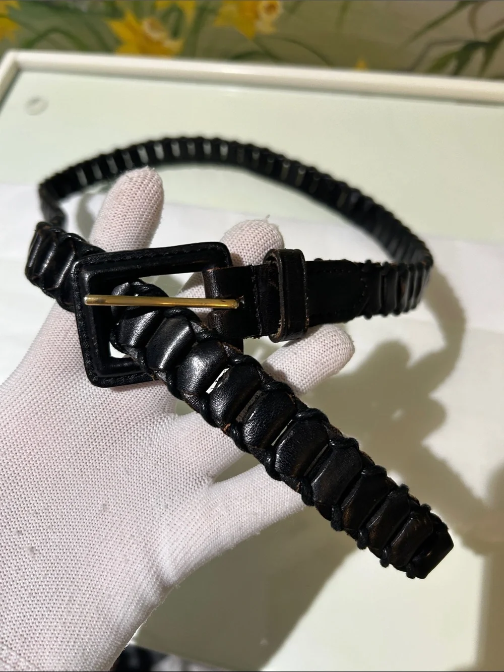 Vintage 90’s Black Braided Genuine Leather Link Belt Leather Covered Buckle